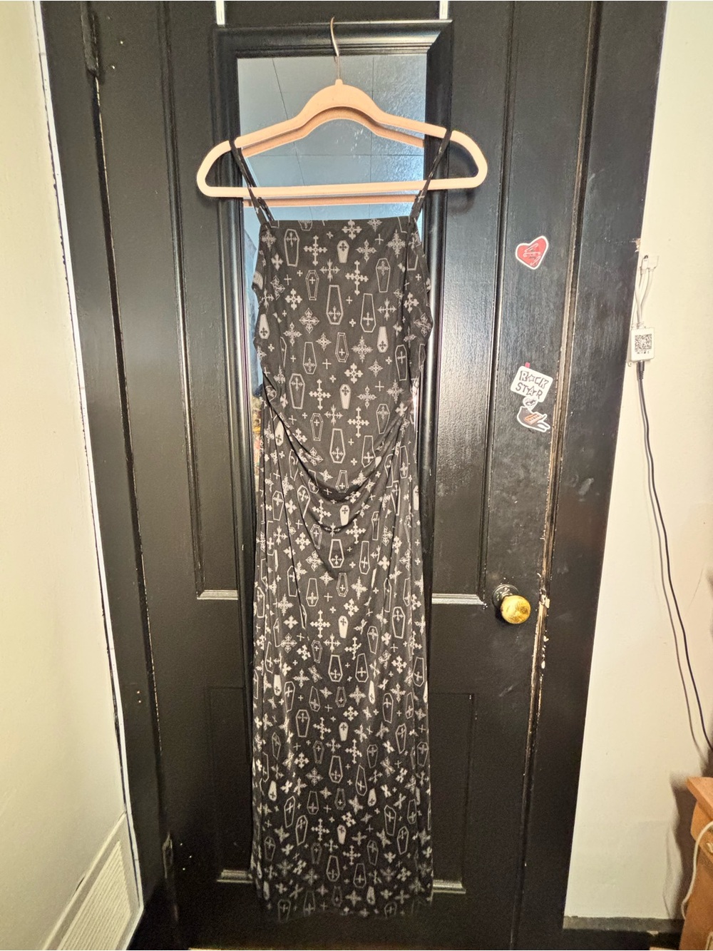 Black Maxi Dress with Repeating Coffin & Cross Print